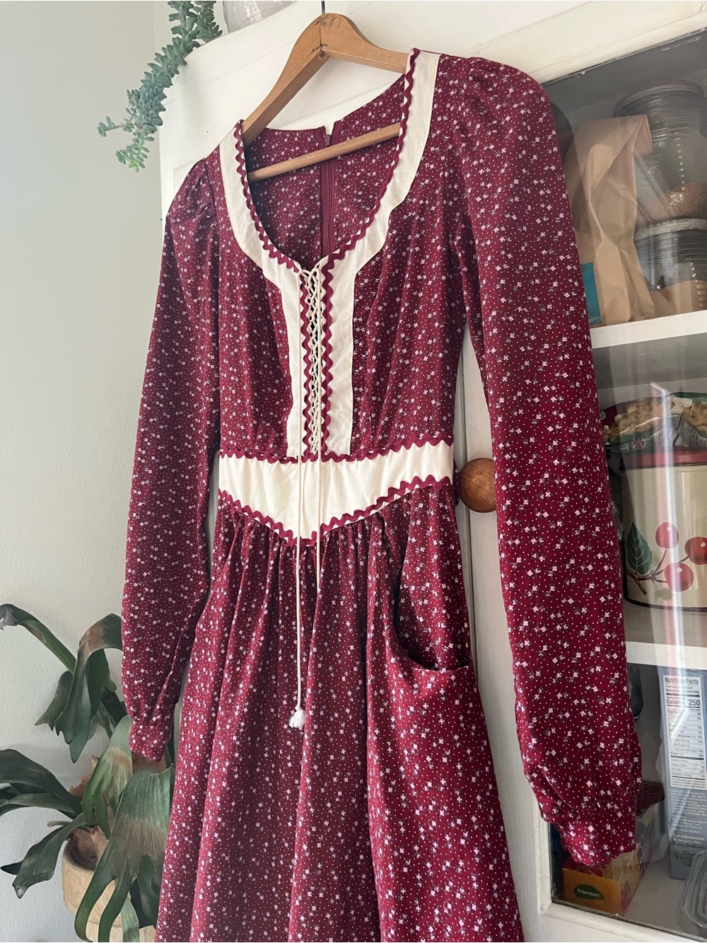 Vintage 70s Gunne Sax Cottagecore Burgundy Red Floral Corset Midi Dress XS - Picture 2 of 16